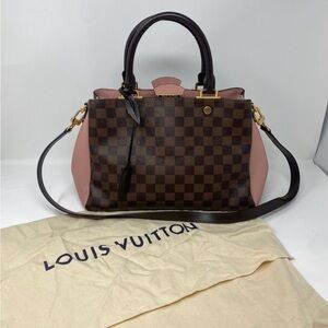 Louis Vuitton Brown Damier Canvas Satchel with Pink Leather Accents